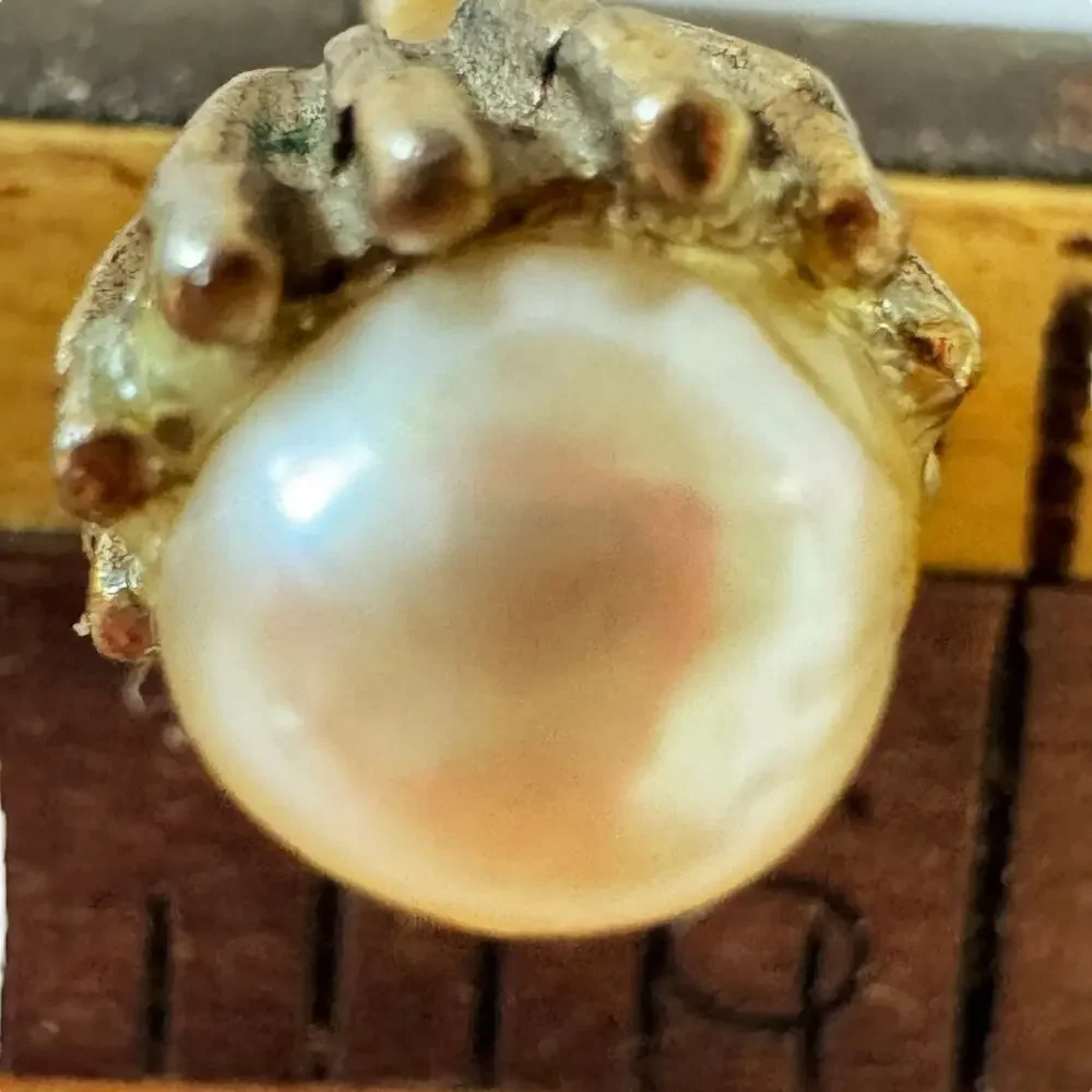 Vintage Bronze Tone Cream Pearl Brutalist Tie Tack/Pin 1950s w Chain and Bar